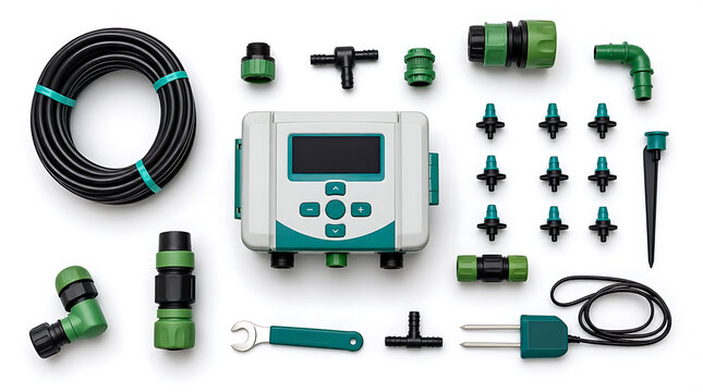 Irrigation system components including a control unit, hoses, connectors, stakes, and tools arranged neatly on a white background for easy identification and organization