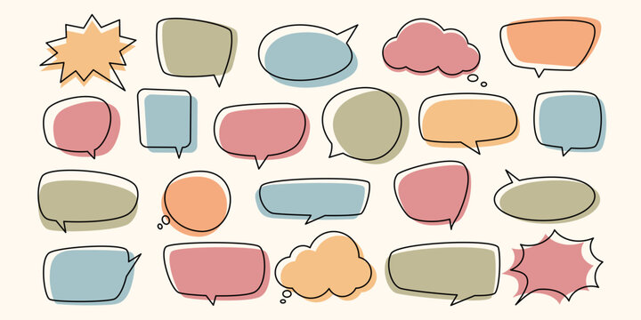 Pastel speech bubble collection with hand drawn outlines. Cute playful comic dialog frames for kids education design, social media stickers, chat templates, scrapbook, planner, poster, blog