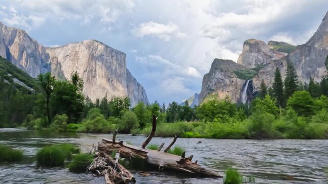 Beautiful view of Yosemite Valley featuring granite cliffs, waterfalls, forest landscapes, mountain scenery, and pristine wilderness in Yosemite National Park, California.