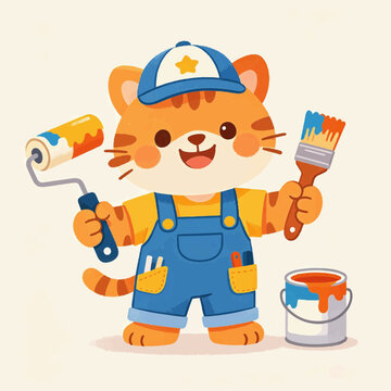 Cute cartoon tiger character wearing overalls and a cap holding a paint roller and brush with a paint can