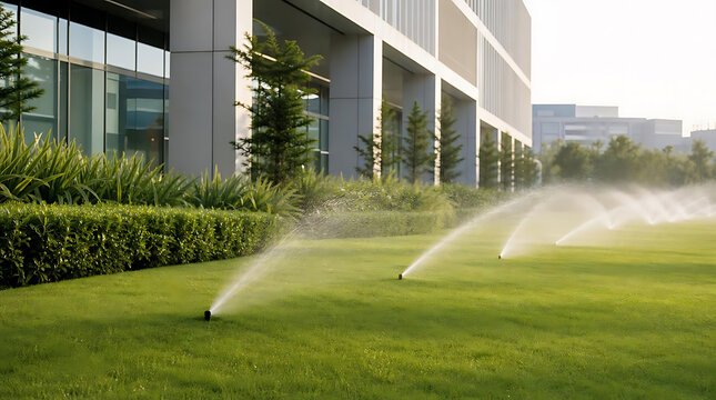 Automatic irrigation system spraying water on lush green lawn in front of modern commercial building with glass windows and landscaped garden