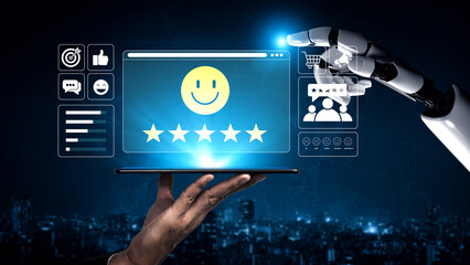 Obraz premium Futuristic Digital Interaction with Robot Hand Displaying Positive Feedback and User Ratings on Tablet Device in Modern Urban Environment at Night. Glyphic.