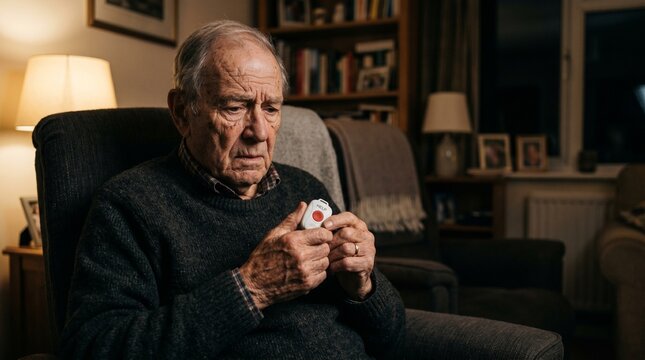 Concerned Senior with Personal Alarm: A worried elderly man sits in a dimly lit living room, holding a personal emergency alarm device, reflecting concern for safety and independence.