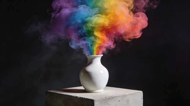 An elegant still life of a sleek white ceramic vase on a concrete pedestal, emitting a vibrant stream of glowing rainbow smoke against a black background for Pride Month.