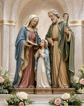 Statues of Saint Anne and Saint Joachim with the child Virgin Mary in a Catholic church - Santa Ana Sao Joaquim e Maria menina