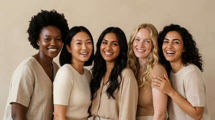 Obraz premium A diverse group of women of various ethnicities and ages smiles warmly, embodying unity, empowerment, and natural beauty in this authentic portrait.