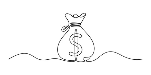 Continuous single line drawing of a money bag with a dollar sign symbol representing wealth investment banking finance savings and capital growth business icon Vector, illustration © Continuous Line Art