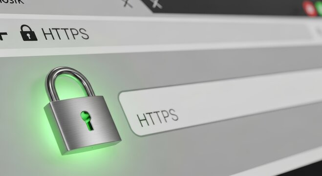 Green padlock icon on web browser address bar. Secure Https website connection with encrypted data protocol. Cyber security, internet safety, protection of privacy and digital information.