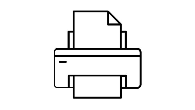 Vector illustration of an office printer line icon featuring a desktop printing device in flat clean minimalist single-weight vector outline style.