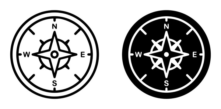 Compass icons, navigation symbols, directional signs, black and white vector graphics