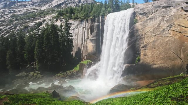 Vernal Fall waterfall in Yosemite National Park, California, featuring rushing water, granite cliffs, forest scenery, and pristine wilderness landscapes