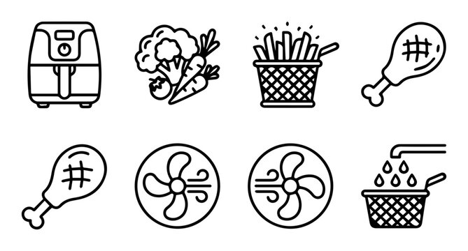 Black line icons, food steamer, cooking tools, kitchen utensils, 8 pcs