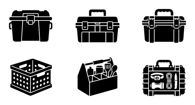 Toolbox icons, toolboxes, equipment cases, black and white vector graphics