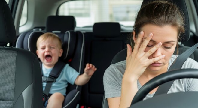 Tired woman driving a car with a crying baby in child seat. Stressed mother suffering from headache while toddler is screaming during travel. Parenting challenges and fatigue concept.