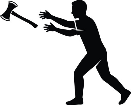 Silhouette of a man throwing a sharp double bit axe in a flat vector style design