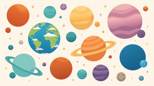 Vibrant Outer Space Background with Colorful Planets, Moons and Stars, Creative Flat Vector Illustration of a Cosmic Universe Galaxy for Educational Science Projects and Celestial Designs