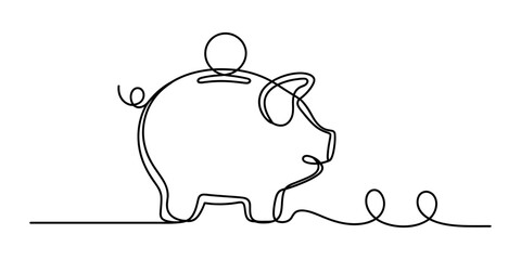 A single continuous line drawing of a piggy bank with a coin slot and a curly tail representing saving money and financial planning for a simple concept art Vector, illustration © Single Line 2019