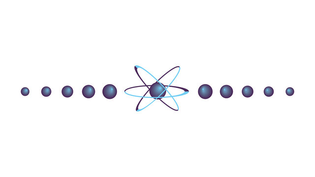 Scientific atomic structure model featuring a central nucleus surrounded by orbiting electrons and spheres arranged in a line on transparent background