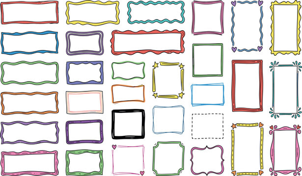 Hand drawn doodle frame shapes set, irregular wavy rectangles and colorful rough edge borders for notes, stickers, banners vector illustration.