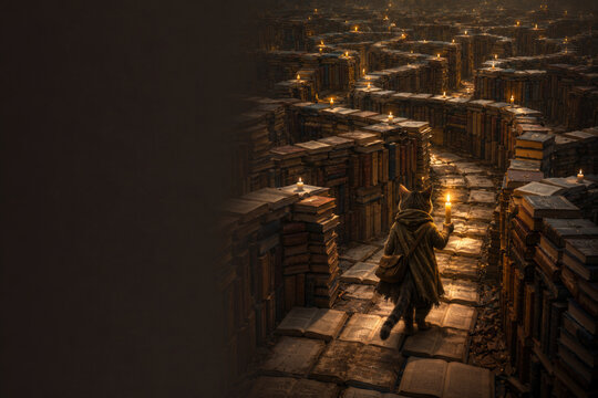 A cat explorer walks through a candlelit maze of old books. Space for text.
