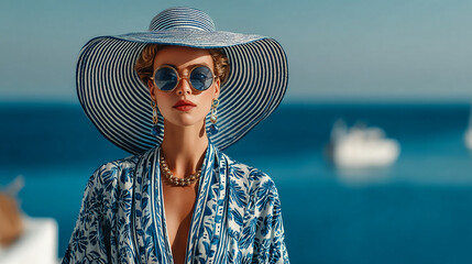 Fototapeta premium Elegant woman in striped sun hat and floral resort wear poses against a blue ocean background with a luxury yacht aesthetic for a sophisticated summer look