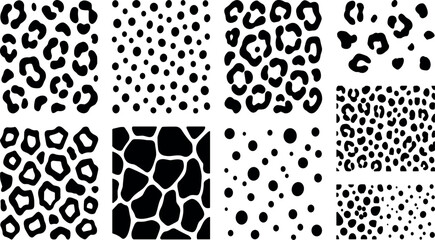 Bold black animal fur spots pattern with swirling brush marks, textured crayon blobs and abstract skin silhouettes vector set © MODA