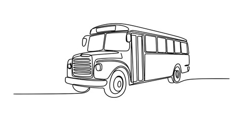 Continuous single line drawing of a school bus for student transportation and education concept in black outline style on a simple minimalist design Vector, illustration © KDP Publisher