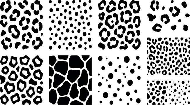 Bold black animal fur spots pattern with swirling brush marks, textured crayon blobs and abstract skin silhouettes vector set