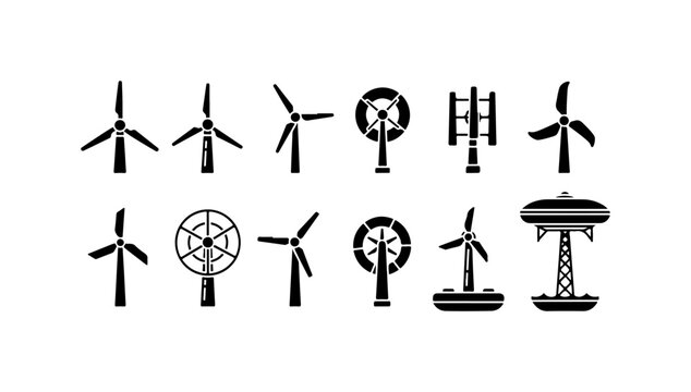 Wind turbine icons, black silhouette set, renewable energy symbols, power generation graphics