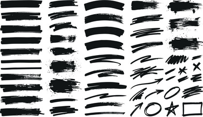Black highlighter brush stroke lines set for underline banners, dry paint marker stripes, rough grunge ink smears and bold hand drawn highlight elements. Vector illustration. © MODA