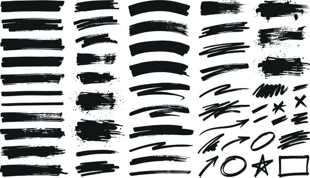 Black highlighter brush stroke lines set for underline banners, dry paint marker stripes, rough grunge ink smears and bold hand drawn highlight elements. Vector illustration.
