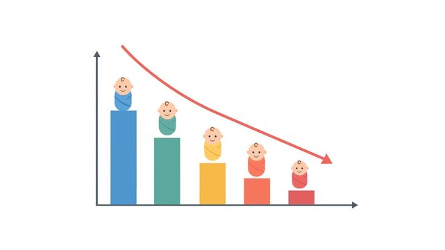 Flat Design Infographic Illustrating Birth Rate Decline Using Descending Bar Chart and Colorful Baby Symbols,with Downward Arrow.  Demographics, Population Change, Fertility Statistics