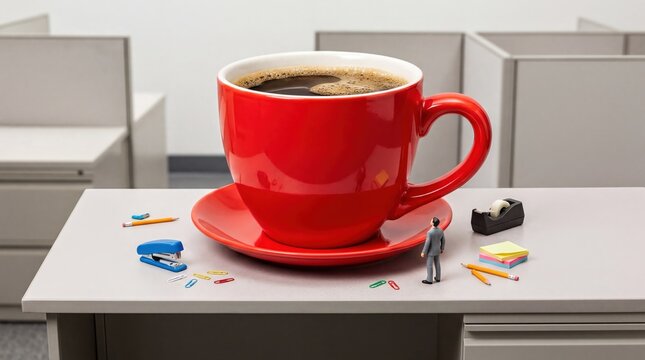 office humor art, a giant coffee cup sits on an office desk surrounded by tiny supplies