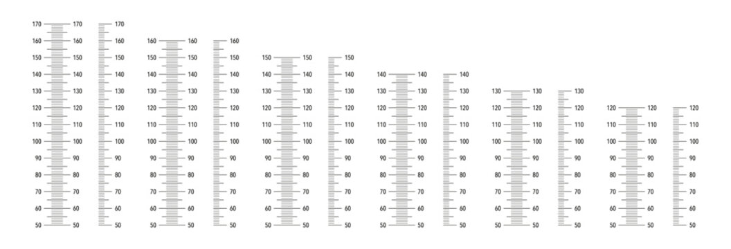 Height chart from 50 cm to 120, 130, 140 cm, 150, 160 and 170 centimeters. Meter wall or growth ruler.