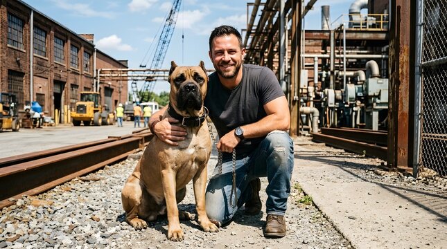 A rugged man and his powerful Cane Corso dog pose together in an industrial setting, amidst construction equipment and railway tracks.