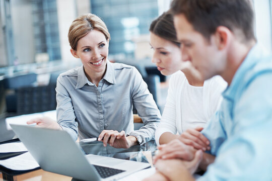 Finance, couple and laptop in meeting with consultant, insurance policy update and holding hands. Tech, married people and broker agent in office for investment guide, asset management or planning