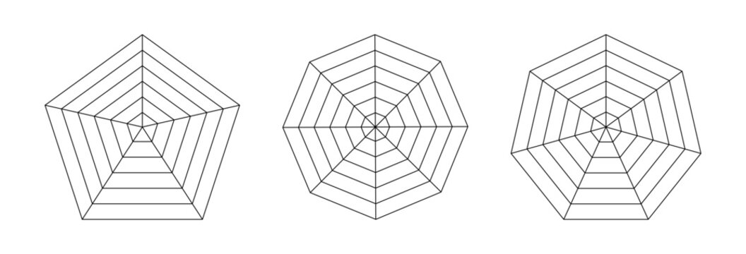 Diagram for analytics or statistic set. Spider, radar diagrams collection. Pentagon, octagon, heptagon graphs templates. Spider mesh. Flat grid 7, 8 and 5 segments. Coaching tool. Blank radar chart, f
