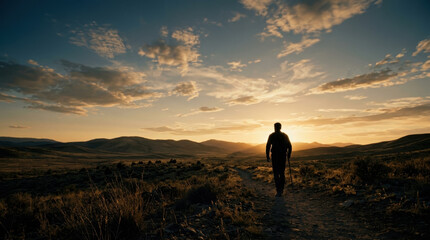 Obraz premium Silhouette of Person Walking in Golden Sunset Over Vast Open Landscape