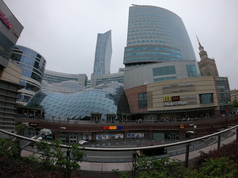 Warsaw / Poland - April 28, 2019 - The Zlote Tarasy shopping center, located next to the Warszawa Centralna railway station in Warsaw, Poland.