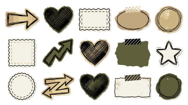 Collection of decorative black and gold doodle style frames and icons for design projects