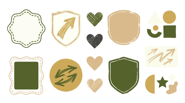 Collection of decorative and emblematic icons and symbols in various shapes and colors