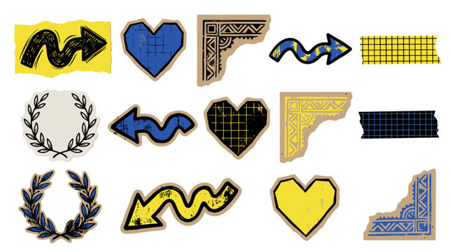 Collection of decorative patch badges with various shapes, colors, and patterns for design