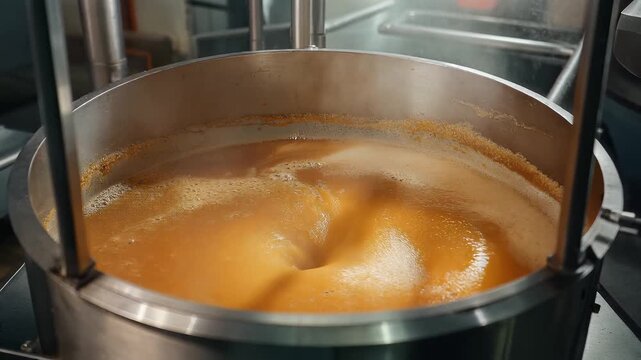 Industrial mixing, Large stainless steel vat with swirling orange liquid, Factory setting, symbolizing industrial process and production.