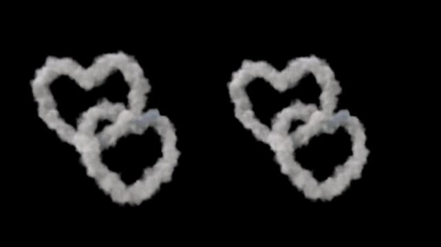 animated double interlocked heart smoke rings floating on black background romantic love symbol graphic object clip
