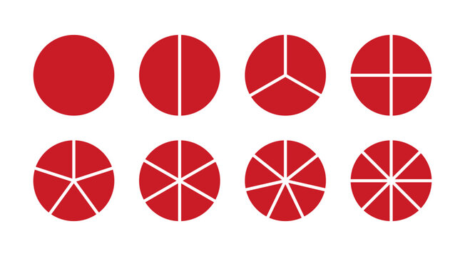 Circle division on 1 2 3 4 5 6 7 8 equal red parts. Coaching blank mockup. Pizza, pie chart layout set.Wheel round divided diagrams from one to eight segments. Infographic minimalist red icons.