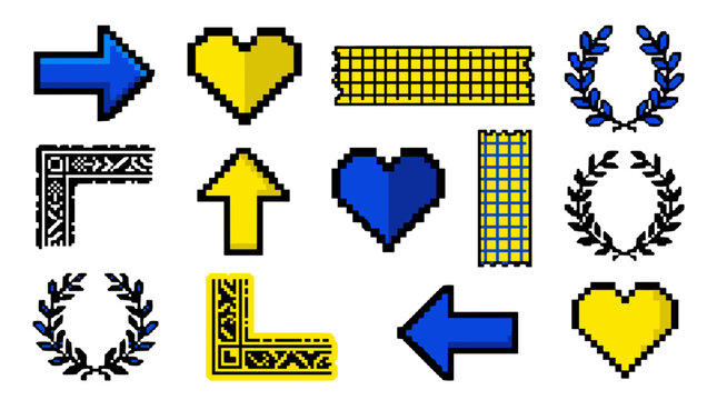 Collection of colorful pixel art icons including hearts arrows laurel wreaths and decorative elements