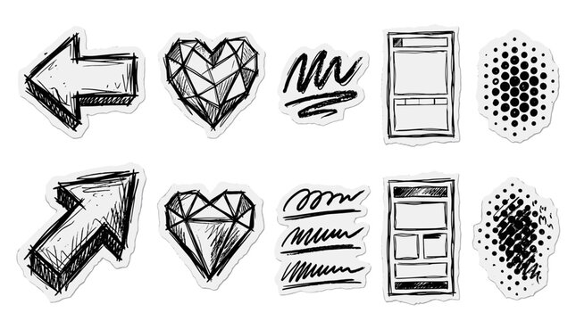Collection of handdrawn sketches including arrows hearts diamonds and abstract shapes