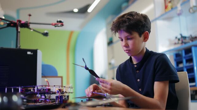 Boy holding robot drone at workbench in classroom lab. Robotics and intelligence technology education for young scientist child.