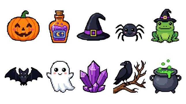 Halloween themed collection with pumpkin potion witch hat bat ghost crystal raven frog cauldron
