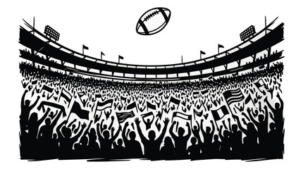 Stadium silhouette with football and crowd on white background arena grandstand sports venue american gridiron pigskin spectators audience fans black flat illustration vector graphic transparent © FOR YOU